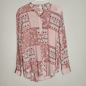 Boho Patchwork Print Blouse Womens M Red White‎ Button Front Rayon Shirt